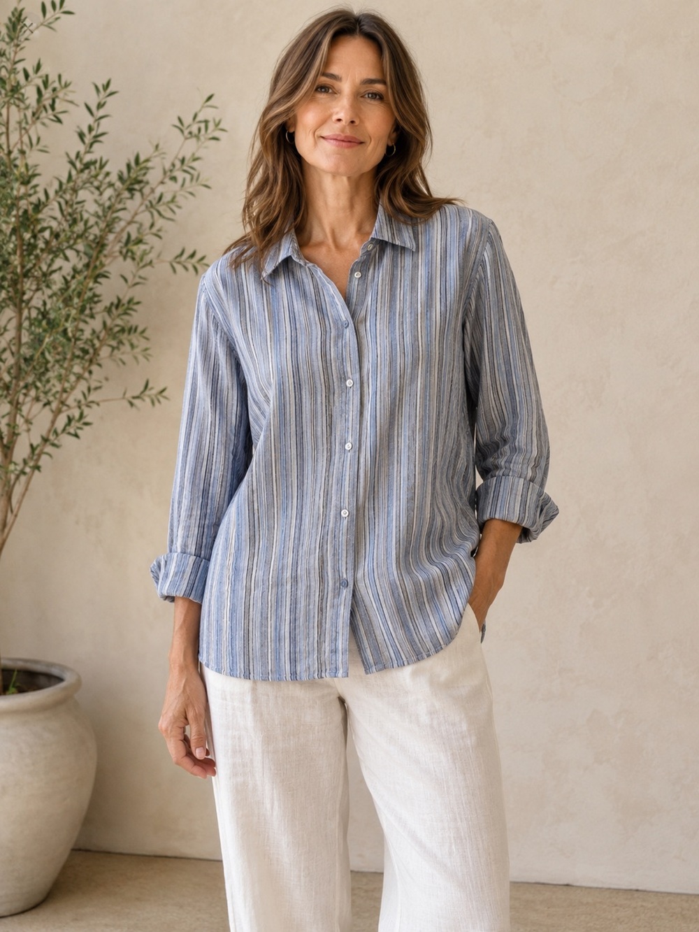 Linen Jones New York Women’s Blue Striped Shirt L